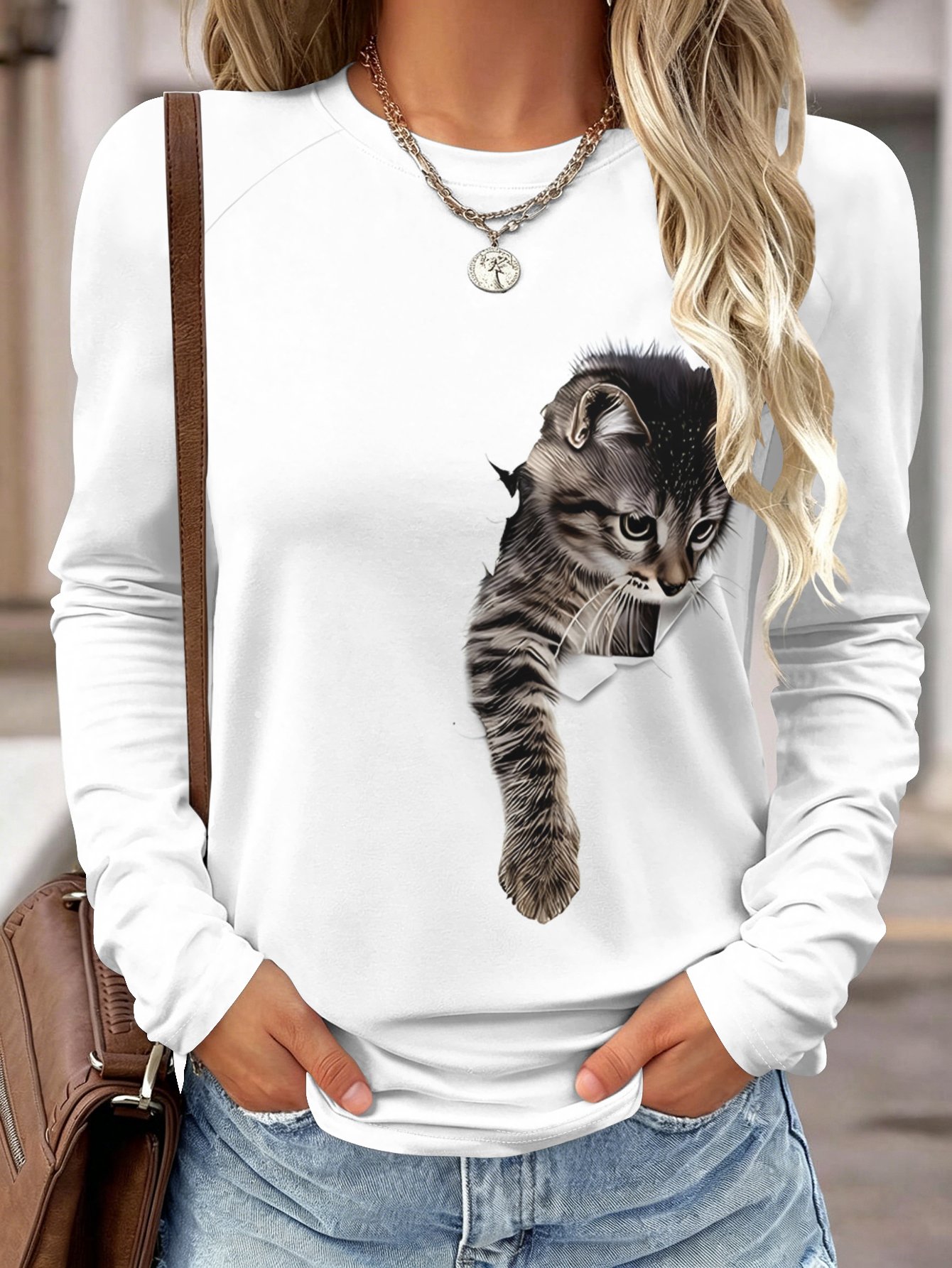 Wallpaper - Damesblouse met lange mouwen, zak, 3D-effectprint,